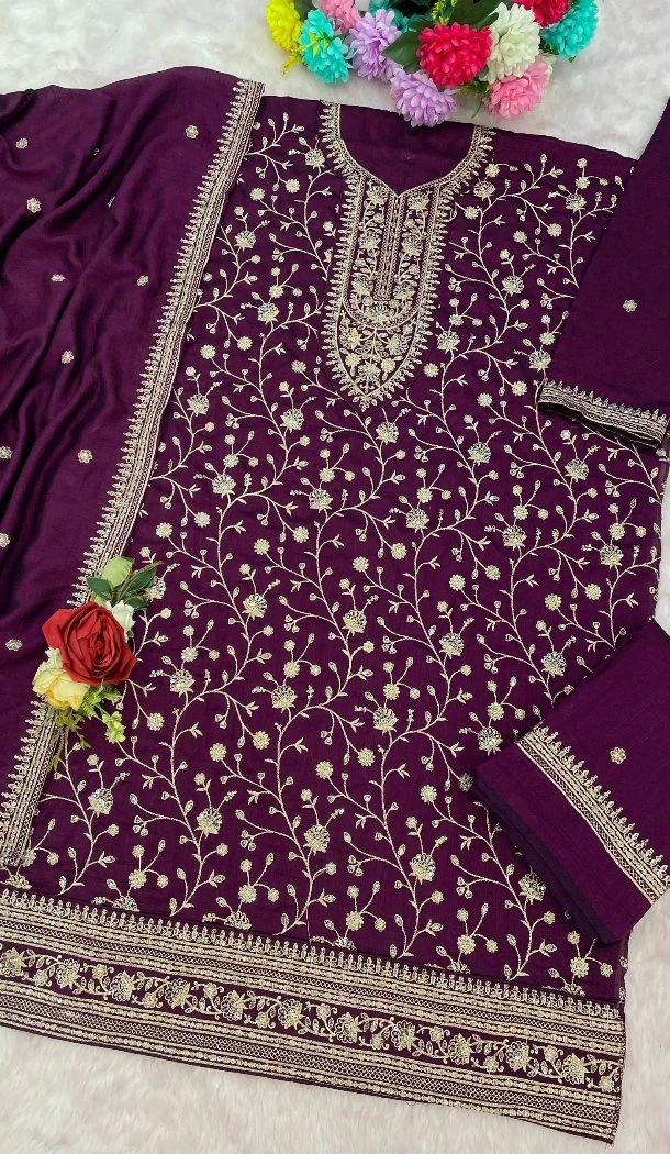 Women Vichitra Embroidery Sequence Work Palazzo Suit Purple - 13476213038