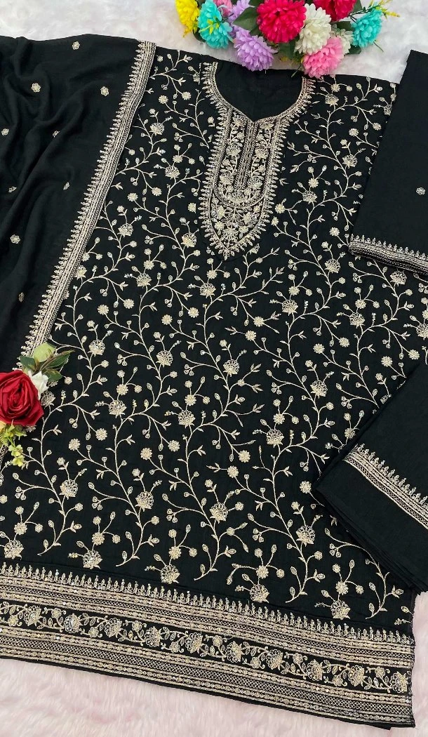 Women Black Vichitra Palazzo Suit Embroidery Sequence Work - 13476213039