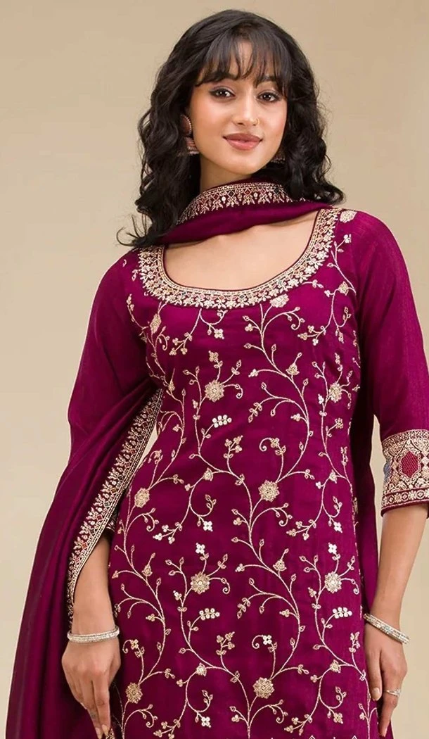 Women Palazzo Suit Maroon Vichitra Embroidery Sequence Work - 13490213097