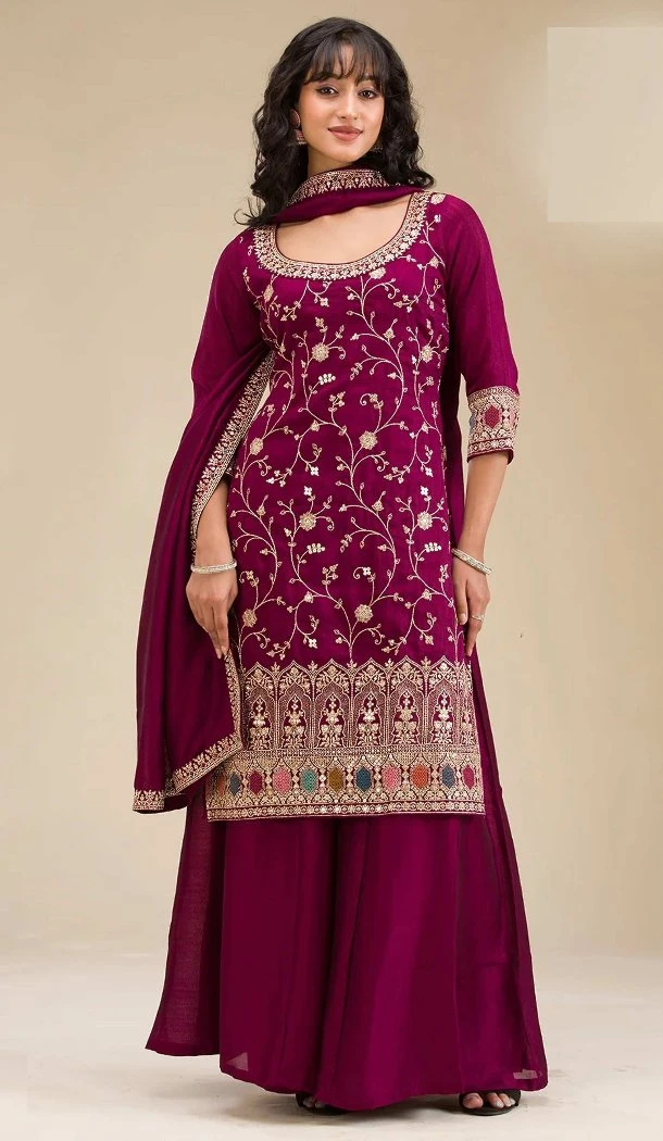 Women Palazzo Suit Maroon Vichitra Embroidery Sequence Work - 13490213097