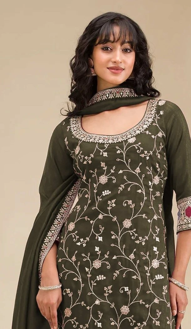 Women Embroidery Sequence Work Vichitra Green Palazzo Suit - 13490213098