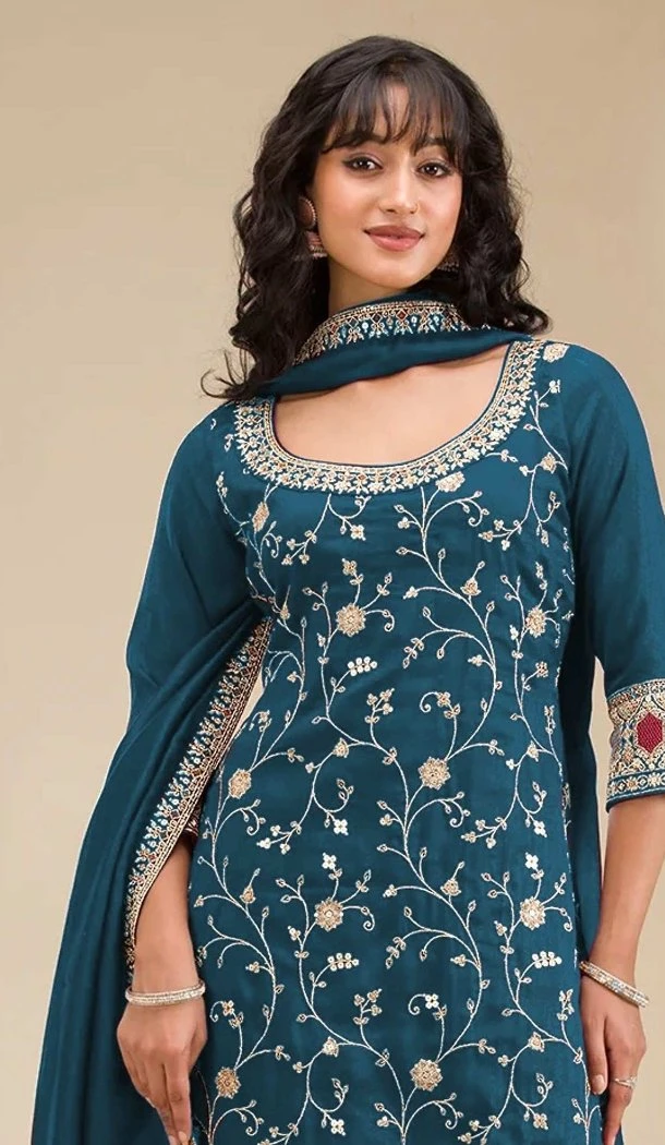 Women Embroidery Sequence Work Blue Palazzo Suit Vichitra - 13490213099