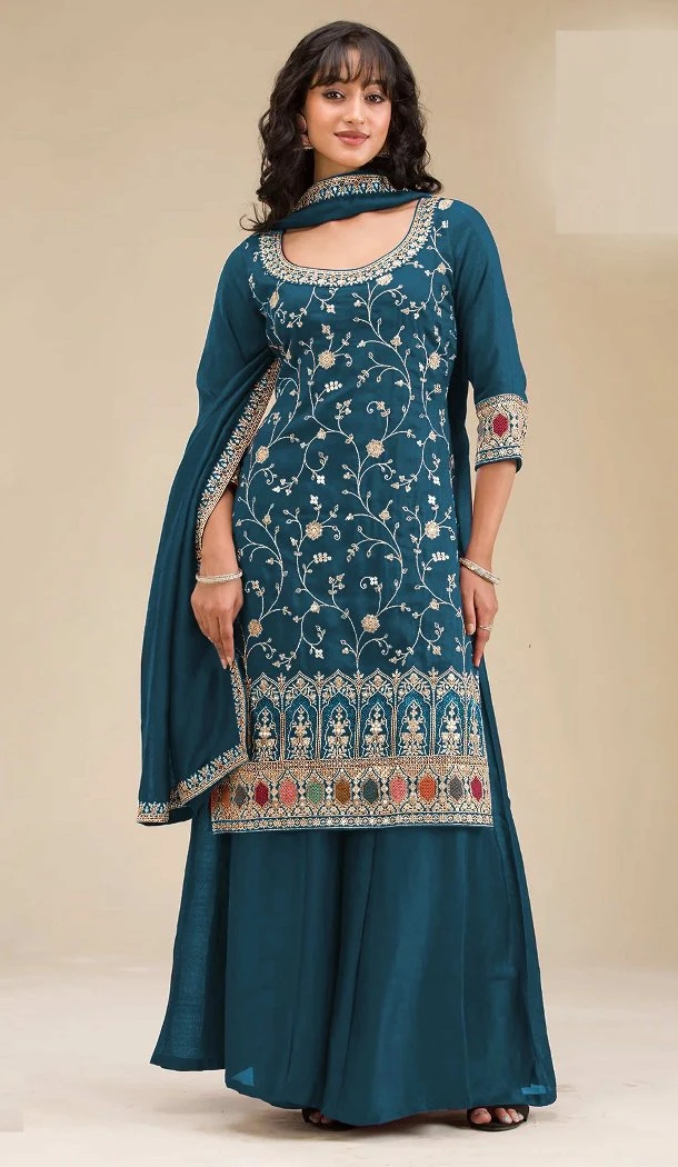 Women Embroidery Sequence Work Blue Palazzo Suit Vichitra - 13490213099