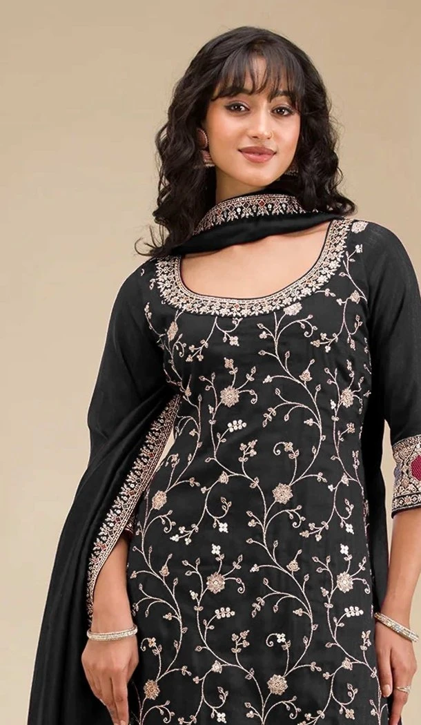 Women Palazzo Suit Vichitra Black Embroidery Sequence Work - 13490213100