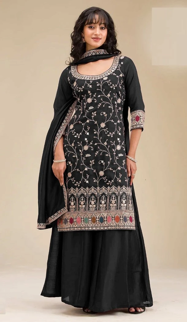 Women Palazzo Suit Vichitra Black Embroidery Sequence Work - 13490213100