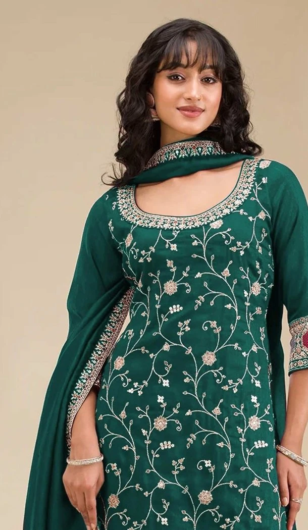 Women Vichitra Embroidery Sequence Work Palazzo Suit Dark Green - 13490213101