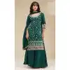 Women Vichitra Embroidery Sequence Work Palazzo Suit Dark Green Plus Size