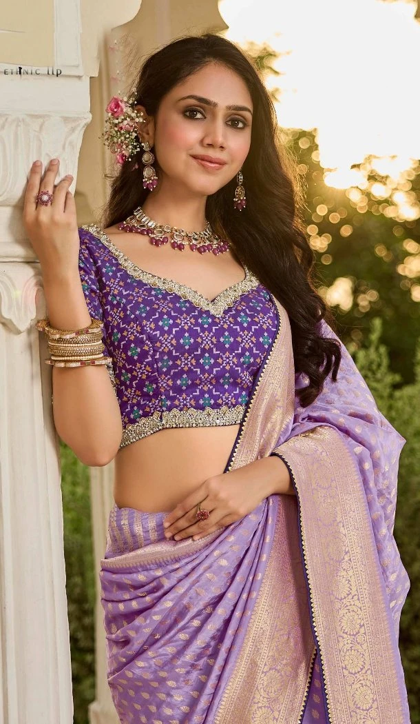 Women Viscose Crape Designer Saree Lavender Jacquard Work - 13488213086