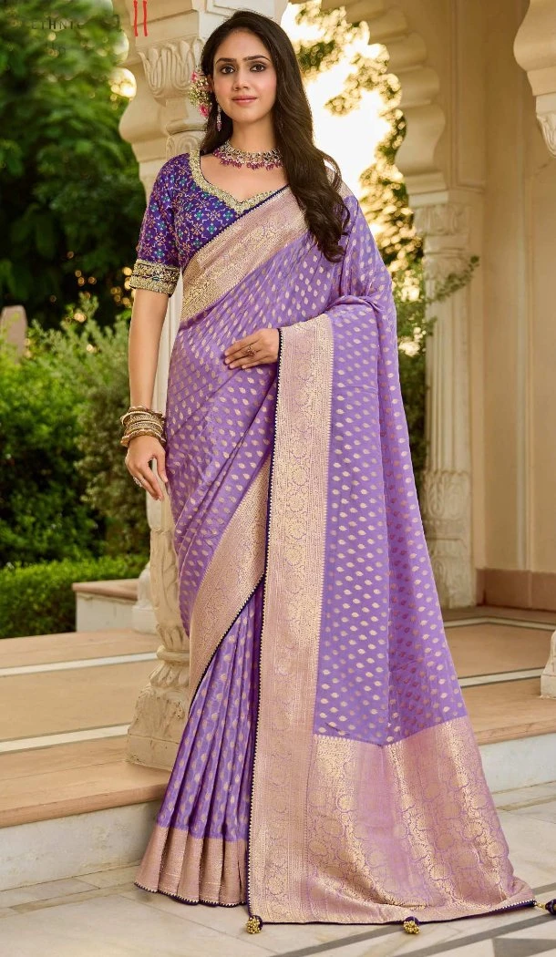 Women Viscose Crape Designer Saree Lavender Jacquard Work - 13488213086