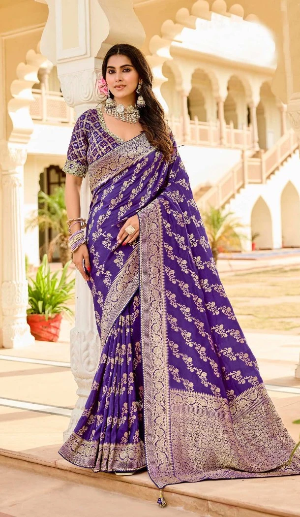 Women Jacquard Work Purple Designer Saree Viscose Crape - 13488213087