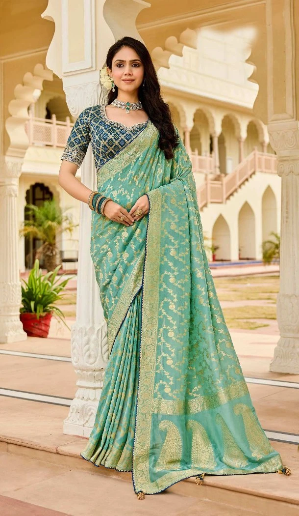 Women Viscose Blue Jacquard Work Designer Saree - 13488213088