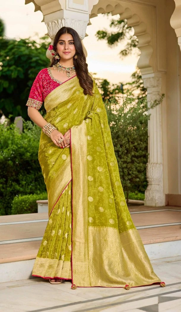 Women Designer Saree Green Viscose Tissue Jacquard Work - 13488213090