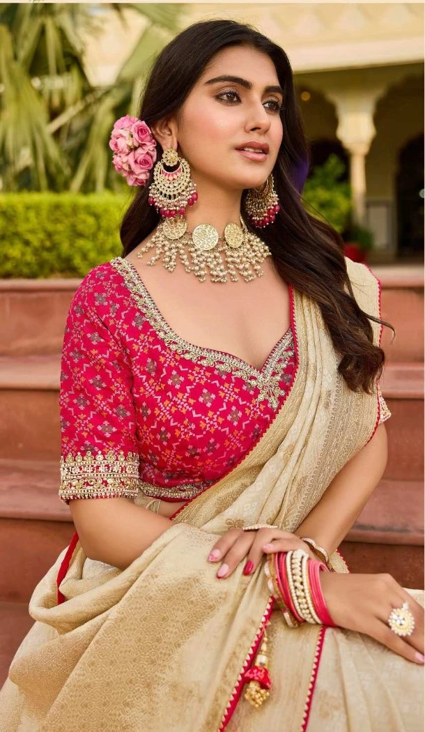 Women Jacquard Work Viscose Tissue Designer Saree Cream - 13488213091