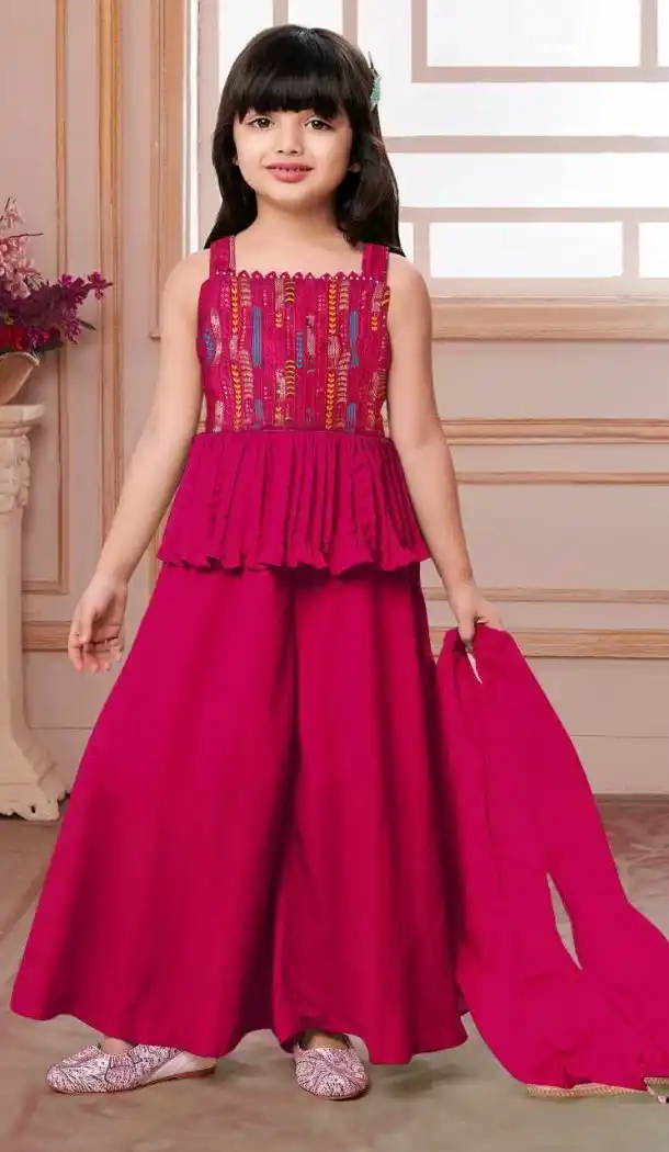 Girls Butter Crepe Kids Wear Kurta Sharara Embroidered Work Dark Pink - 13495213115