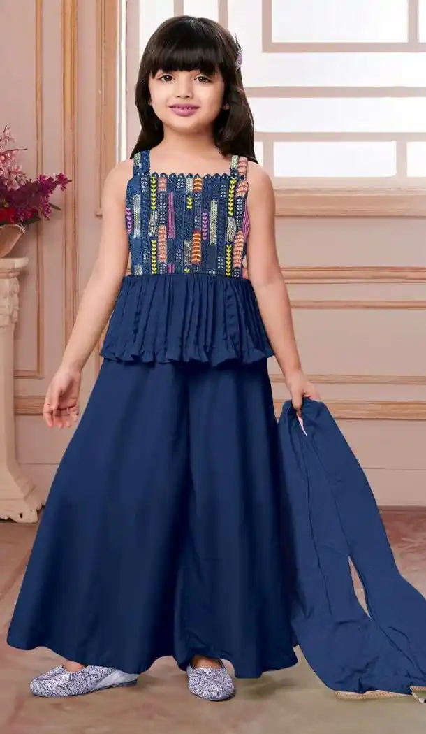 Girls Kids Wear Kurta Sharara Butter Crepe Embroidered Work Blue - 13495213116