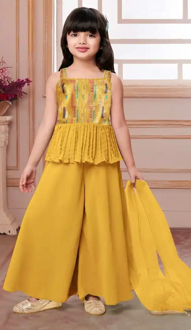 Girls Butter Crepe Yellow Embroidered Work Kids Wear Kurta Sharara - 13495213117