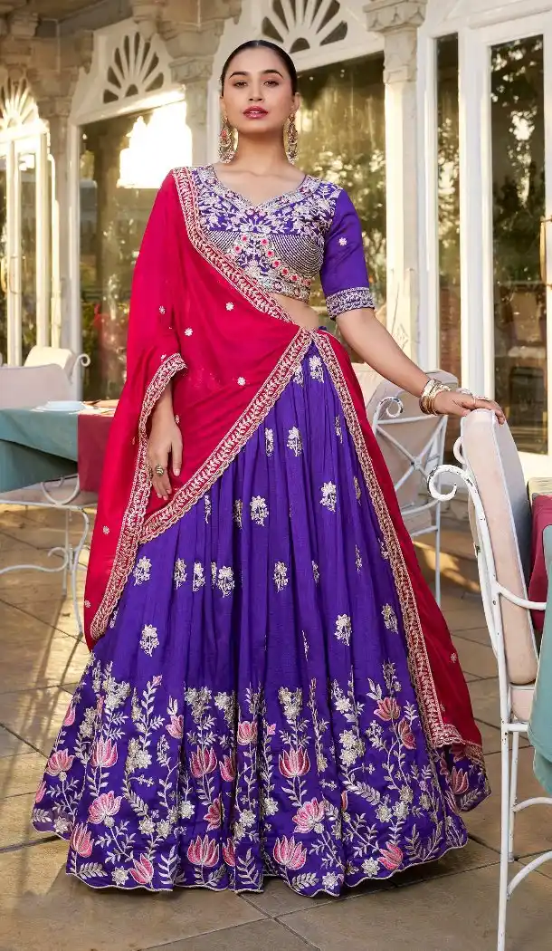 Women Purple Party Wear Lehenga Choli Embroidery Work Vichitra Silk - 13514213167