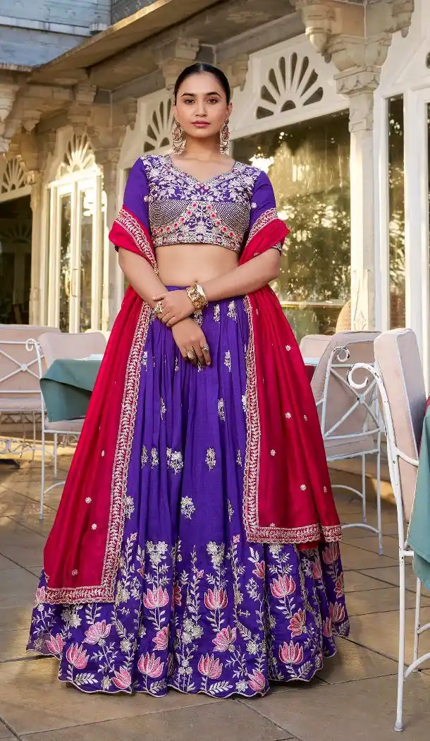 Women Purple Party Wear Lehenga Choli Embroidery Work Vichitra Silk - 13514213167