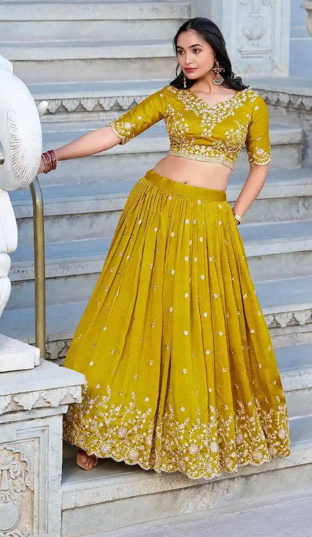 Women Party Wear Lehenga Choli Embroidery Work Vichitra Silk Mustard - 13514213168