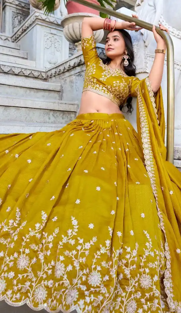Women Party Wear Lehenga Choli Embroidery Work Vichitra Silk Mustard Plus Size