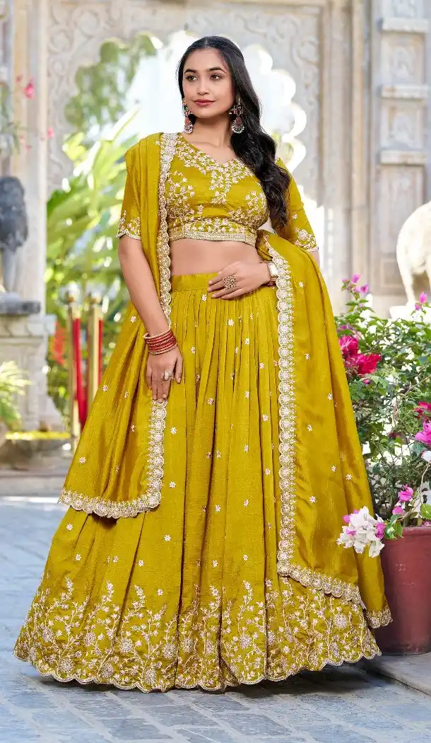 Women Party Wear Lehenga Choli Embroidery Work Vichitra Silk Mustard - 13514213168