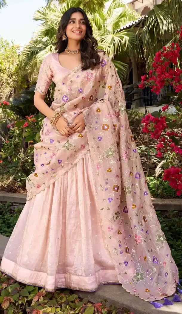 Women Light Pink Party Wear Lehenga Choli Gold Crush Silk Embroidery Work - 13514213169