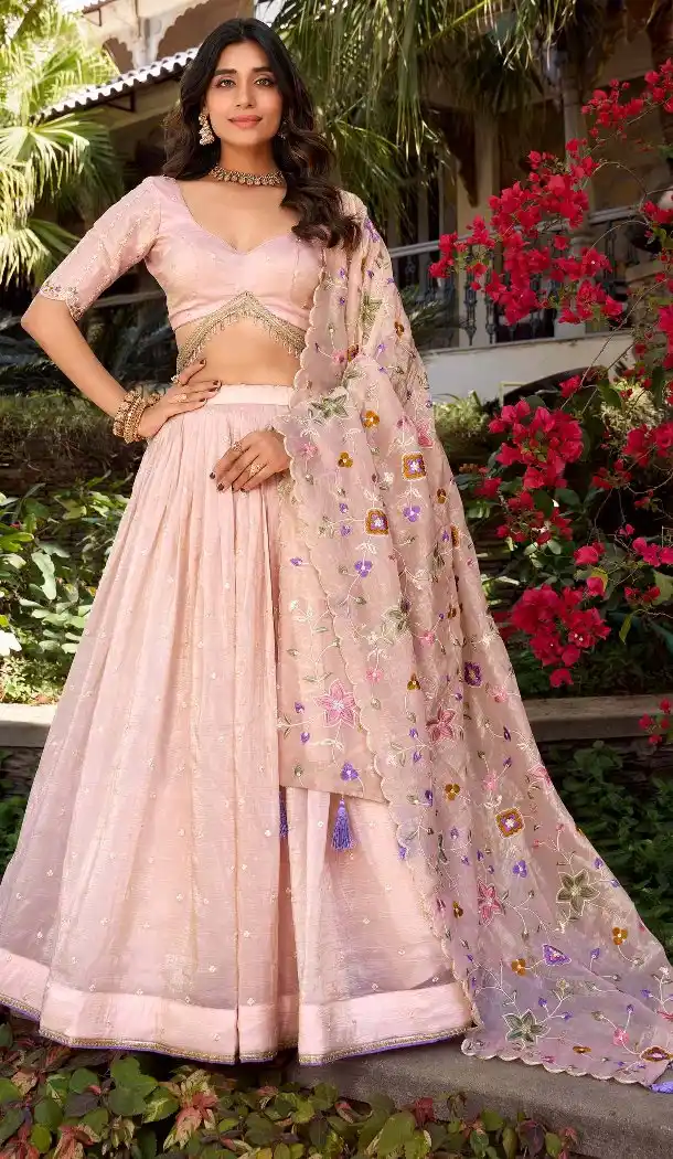Women Light Pink Party Wear Lehenga Choli Gold Crush Silk Embroidery Work - 13514213169