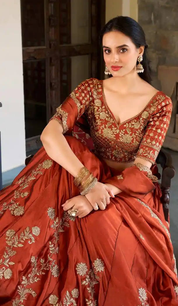 Women Rust Orange Rangoli Silk Embroidery Work Party Wear Lehenga Choli - 13514213170