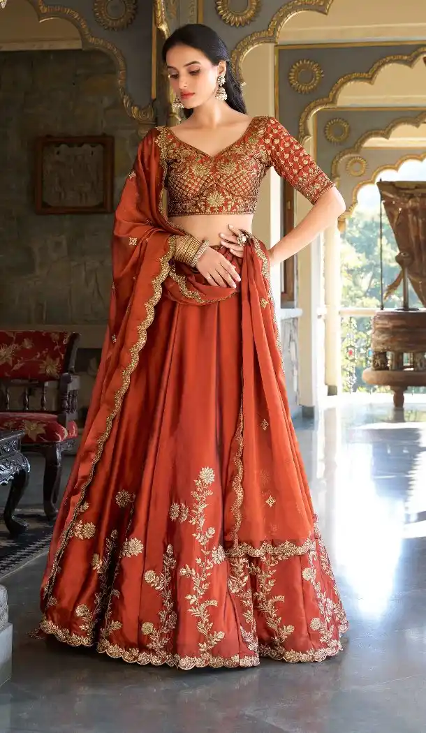 Women Rust Orange Rangoli Silk Embroidery Work Party Wear Lehenga Choli - 13514213170