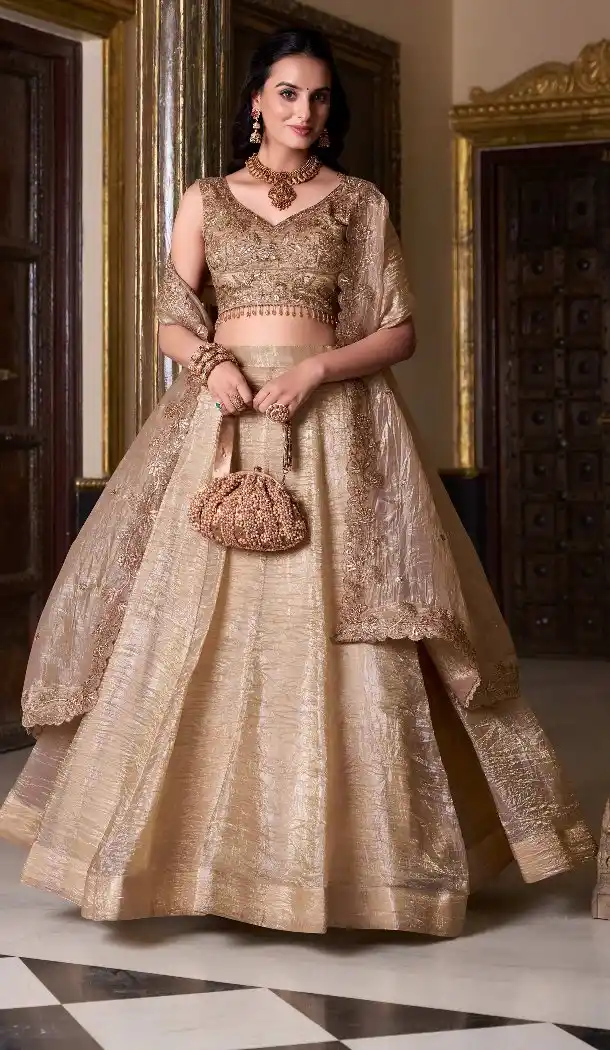 Women Party Wear Lehenga Choli Chiku Gold Crush Silk Embroidery Work - 13514213171