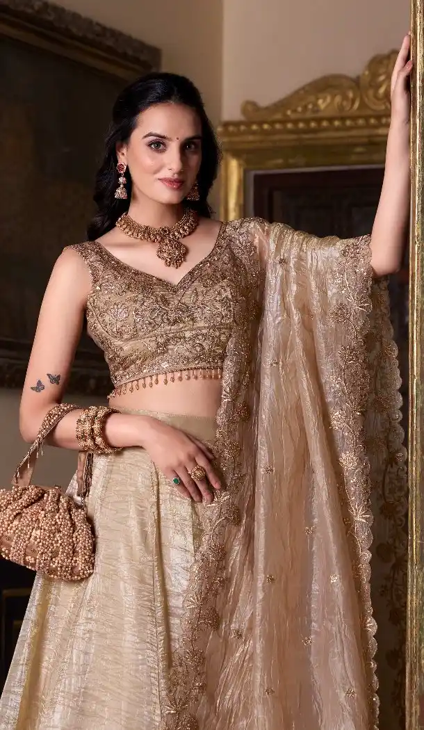 Women Party Wear Lehenga Choli Chiku Gold Crush Silk Embroidery Work - 13514213171