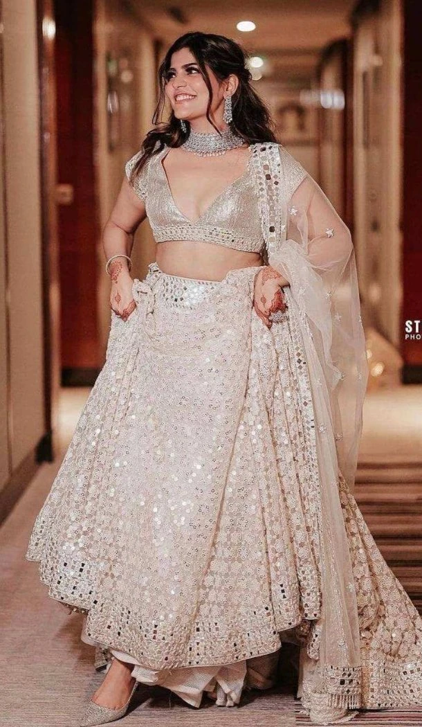 Women Cream Thread & Paper Mirror Work Georgette Designer Lehenga Choli - 13529213320