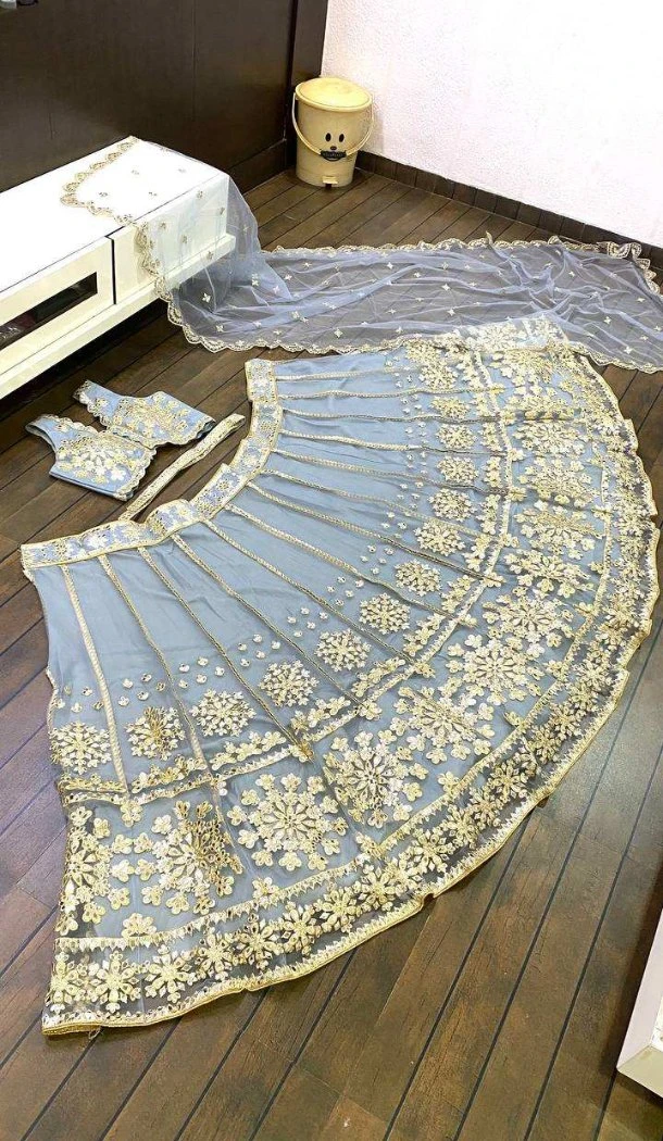 Women Grey Designer Lehenga Choli Foil Paper & Zari Work Net - 13529213322