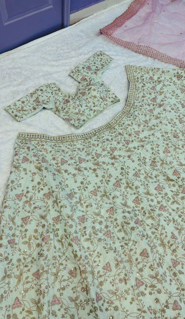 Women Mulberry Silk Ruffle Work Sequence Pista Green - 13530213327