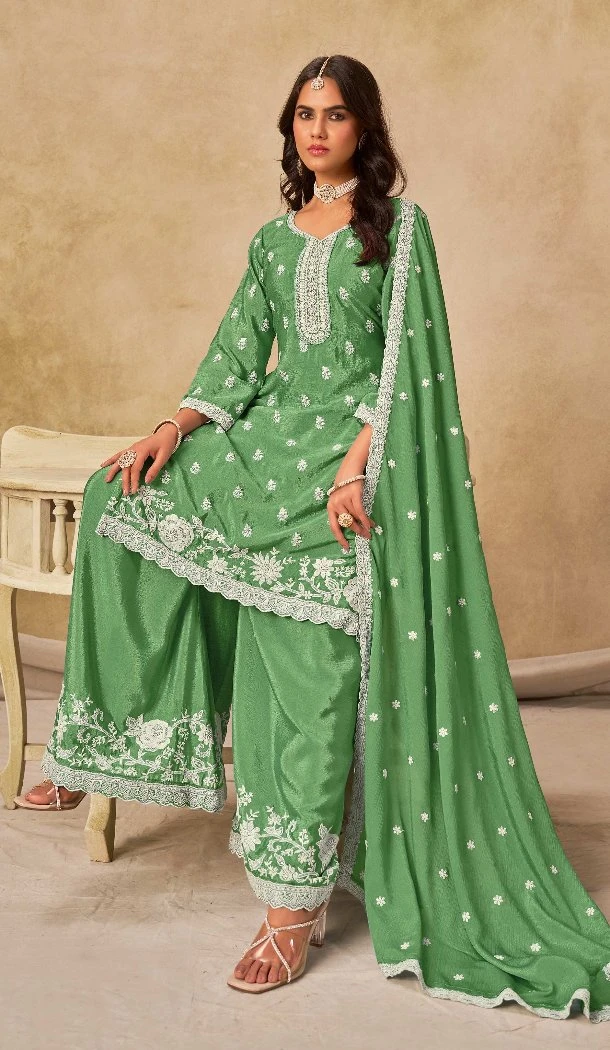 Women Heavy Chinon Palazzo Suit Embroidered Work Green - 13533213337