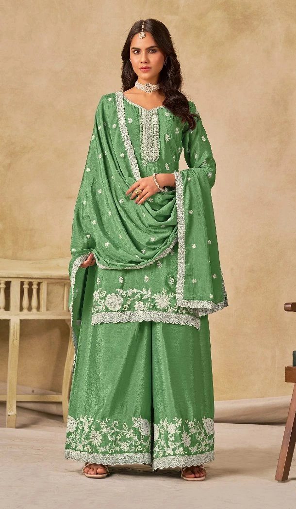 Women Heavy Chinon Palazzo Suit Embroidered Work Green - 13533213337