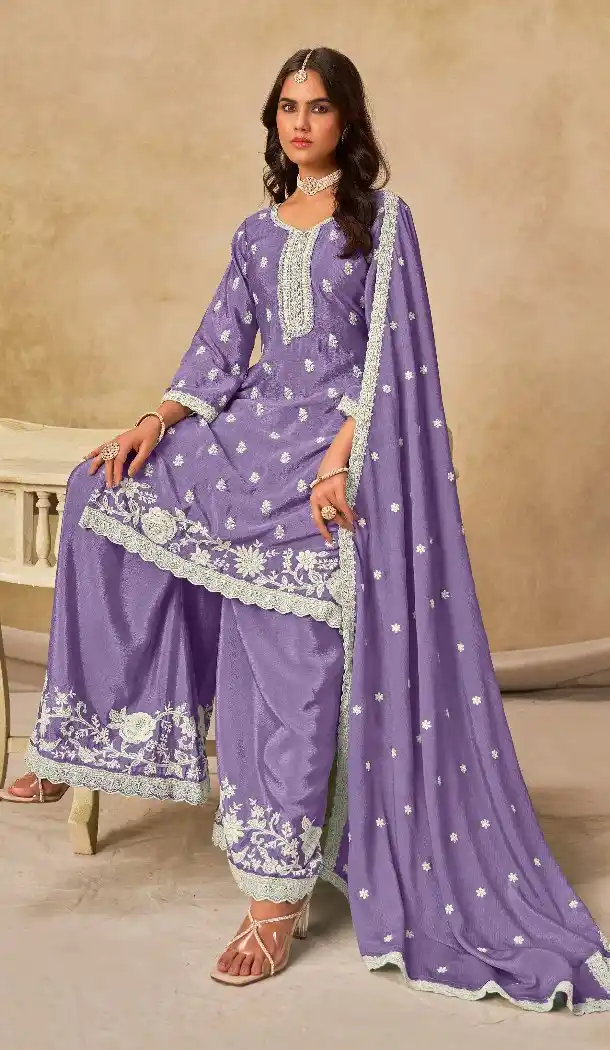 Women Heavy Chinon Lavender Embroidered Work Palazzo Suit - 13533213338