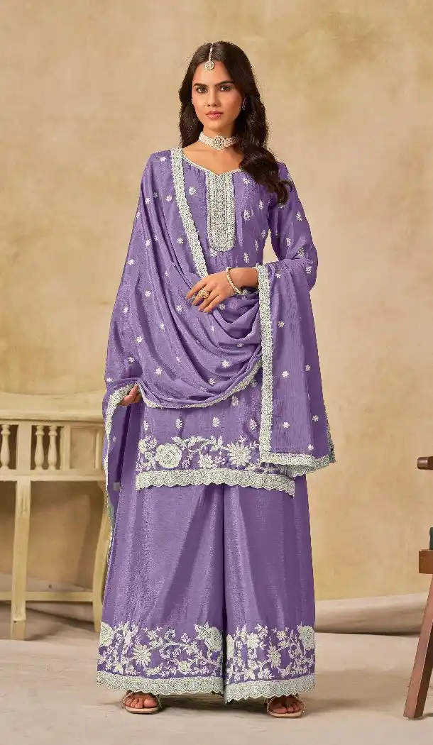 Women Heavy Chinon Lavender Embroidered Work Palazzo Suit - 13533213338