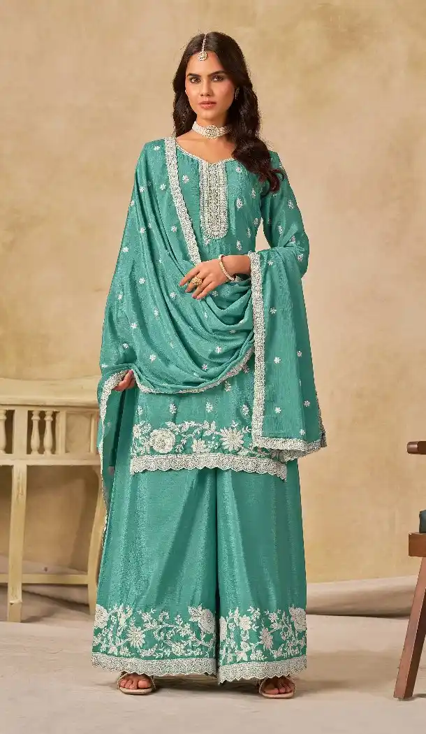 Women Sky Blue Embroidered Work Palazzo Suit Heavy Chinon - 13533213339
