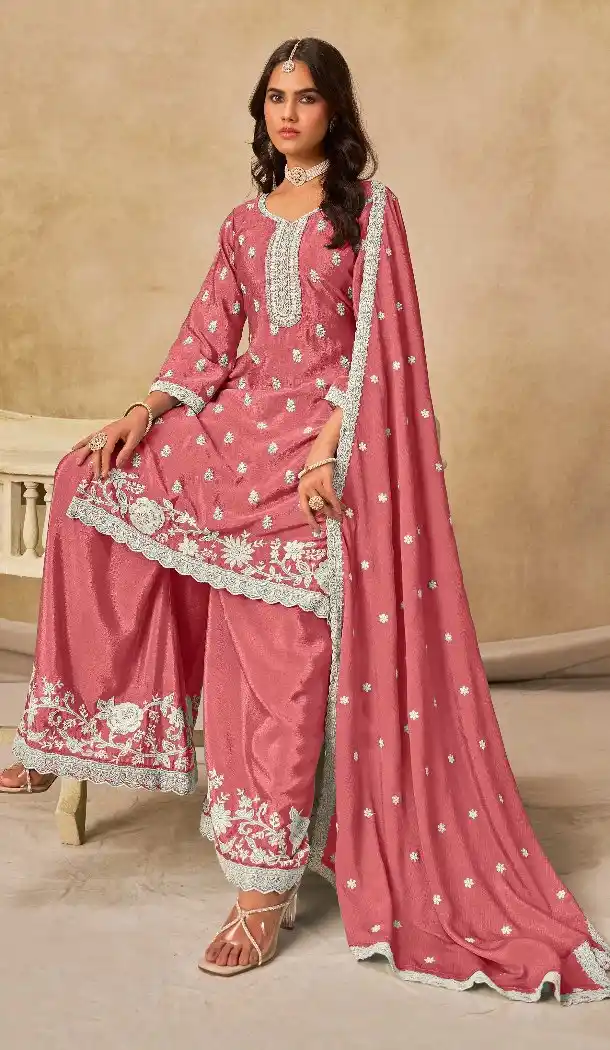 Women Palazzo Suit Pink Embroidered Work Heavy Chinon - 13533213340