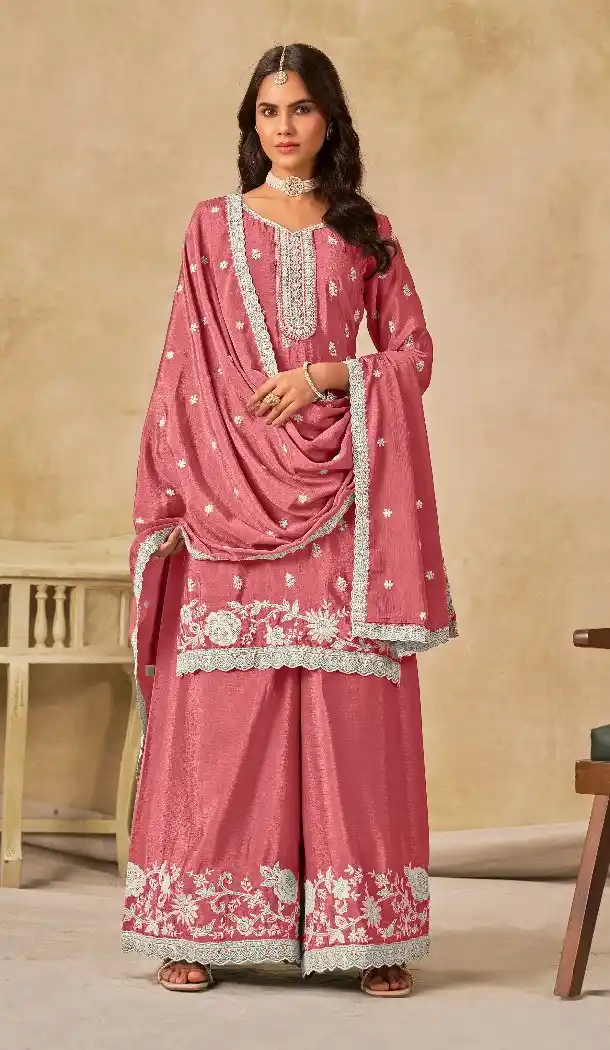 Women Palazzo Suit Pink Embroidered Work Heavy Chinon - 13533213340