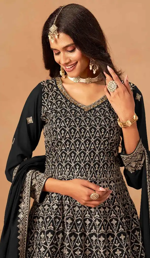 Women Embroidery Work Faux Georgette Black Palazzo Suit - 13561213468