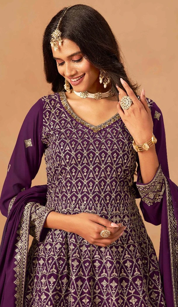 Women Embroidery Work Faux Georgette Wine Palazzo Suit - 13561213469