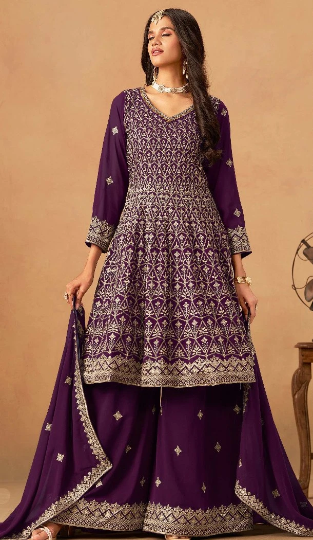 Women Embroidery Work Faux Georgette Wine Palazzo Suit - 13561213469