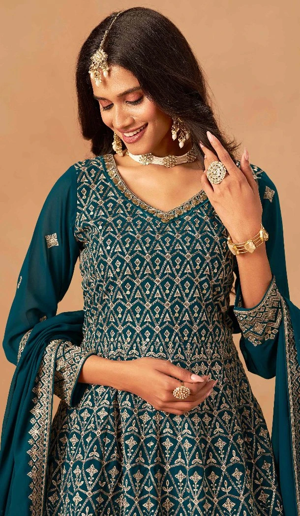 Women Palazzo Suit Embroidery Work Faux Georgette Teal Blue - 13561213470