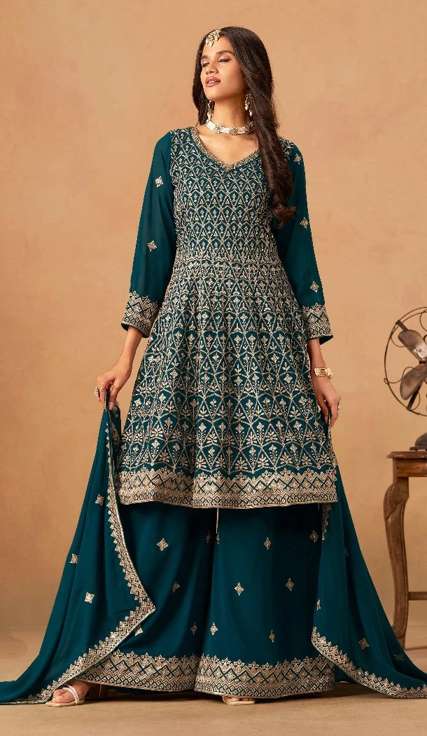 Women Palazzo Suit Embroidery Work Faux Georgette Teal Blue - 13561213470