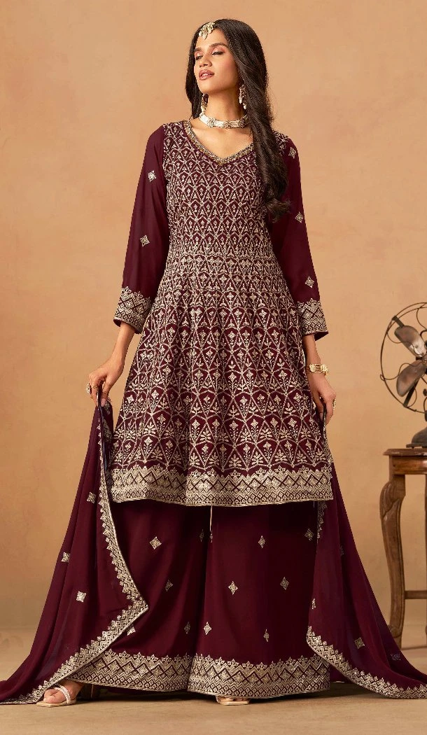 Women Embroidery Work Maroon Faux Georgette Palazzo Suit - 13561213471