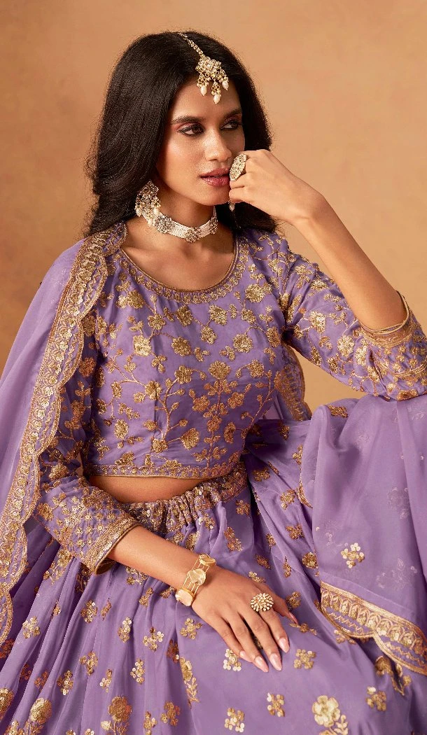 Women Embroidery Work Designer Lehenga Choli Organza Lavender - 13562213473