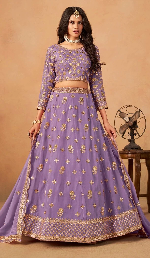 Women Embroidery Work Designer Lehenga Choli Organza Lavender - 13562213473