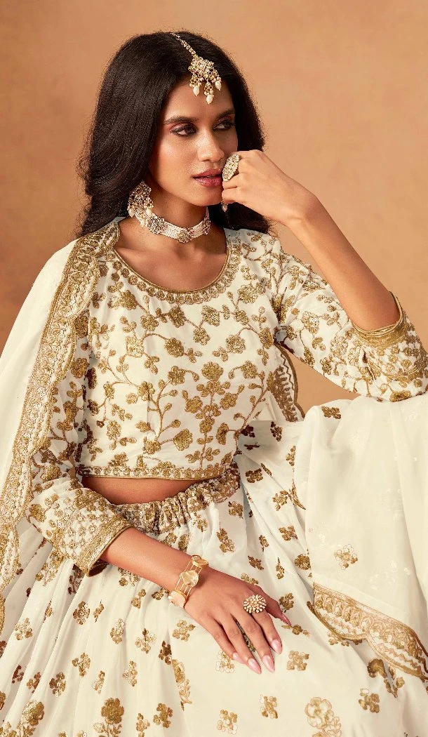 Women White Embroidery Work Designer Lehenga Choli Organza - 13562213474